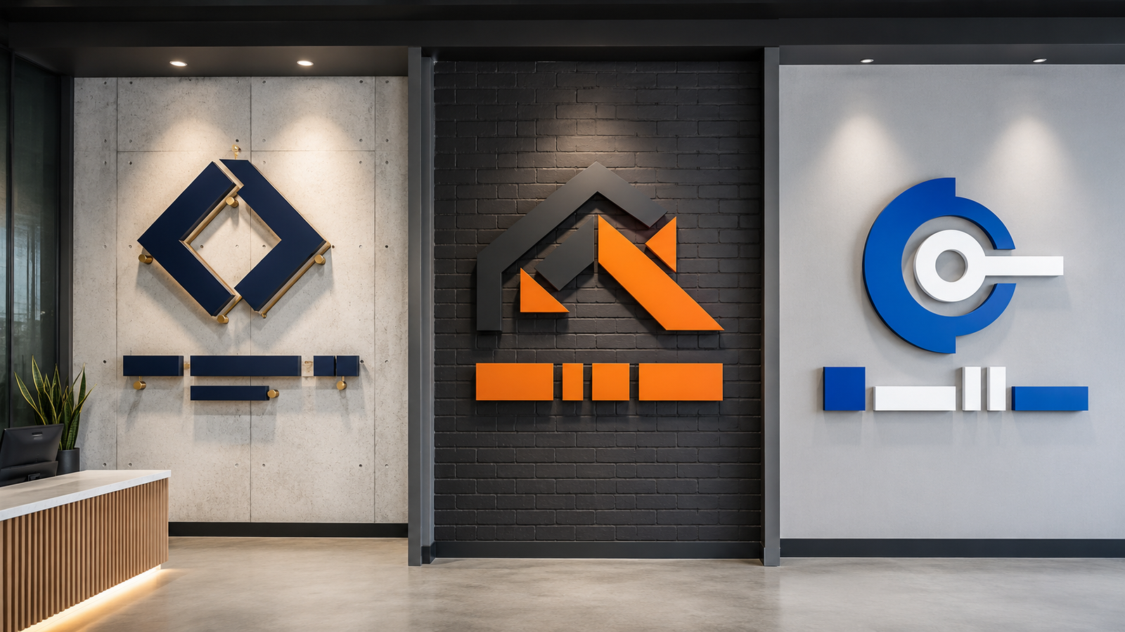 Three company signs in navy and gold, charcoal and orange, and cobalt and white