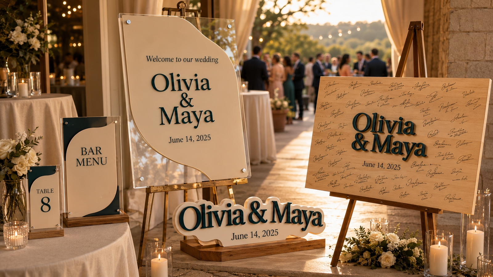 Wedding welcome sign, dimensional sign, wooden guestbook and coordinated reception signs