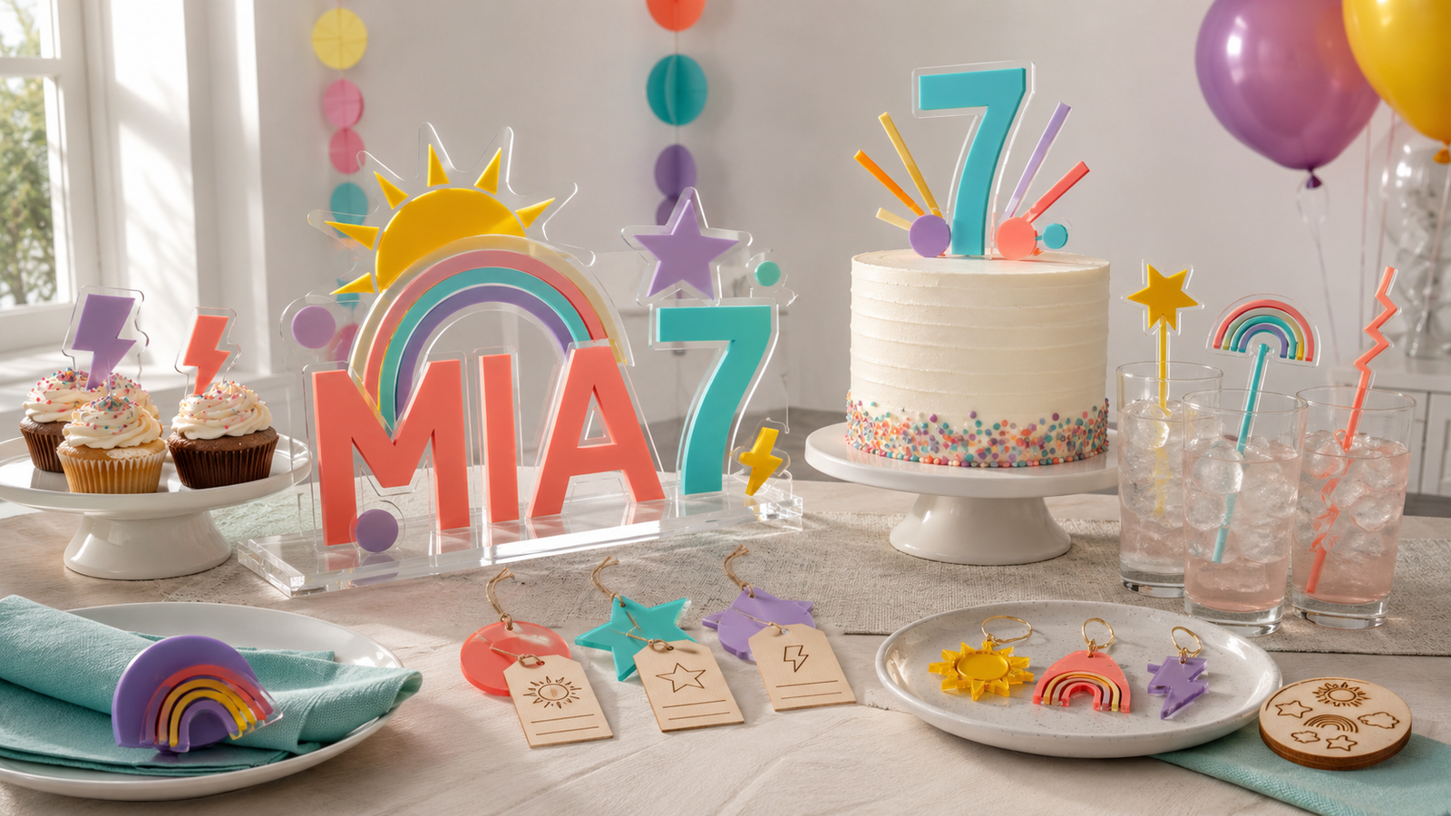 Colorful birthday sign, cake topper, kids stir sticks and favor tags