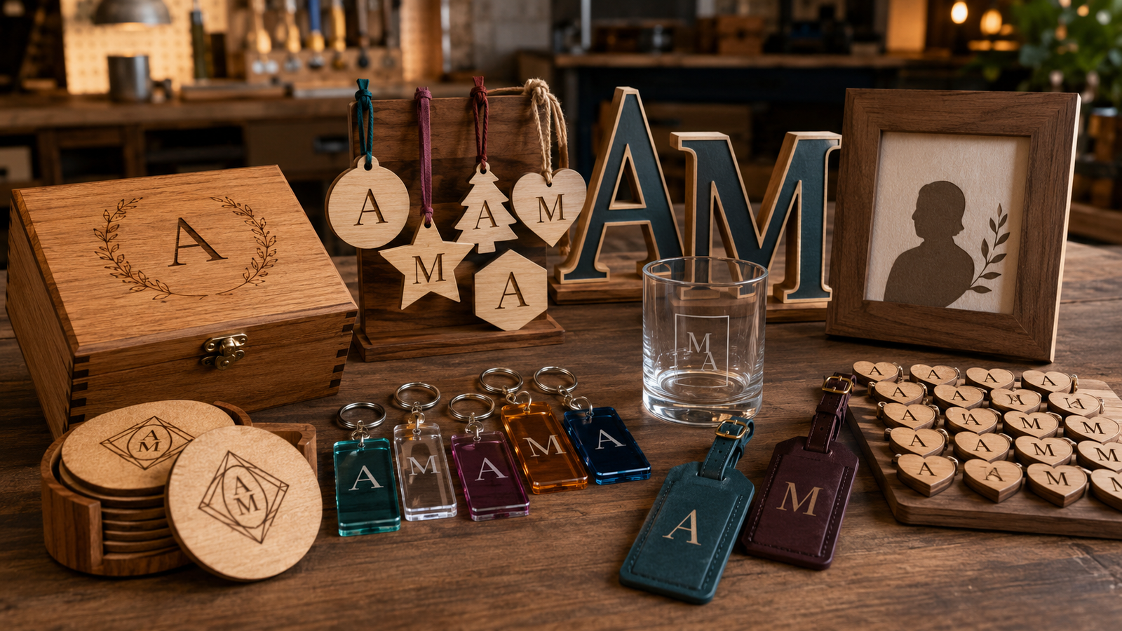 Engraved keepsake box, ornaments, glassware, keychains, coasters and small-batch gifts
