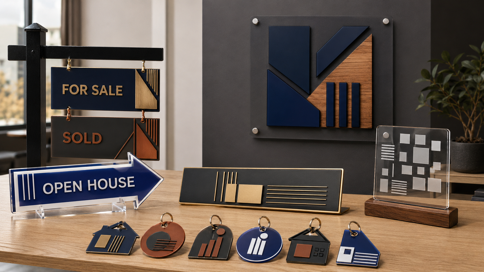 Realtor riders, open-house plaque, office logo sign and business key tags