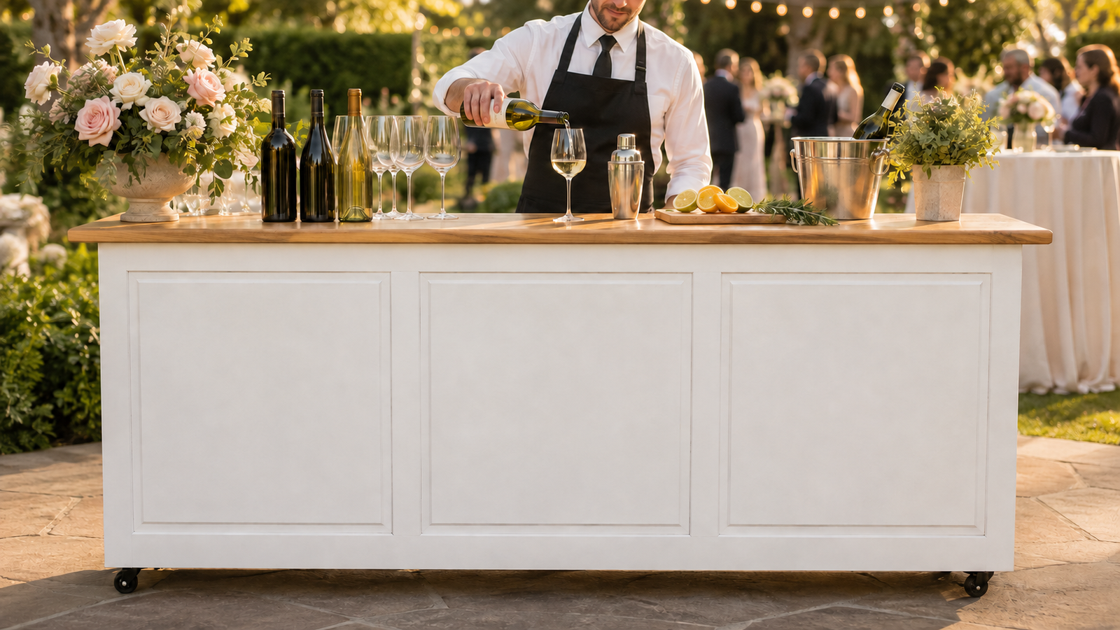 A practical straight-front white bar serving wine and cocktails at an outdoor reception.