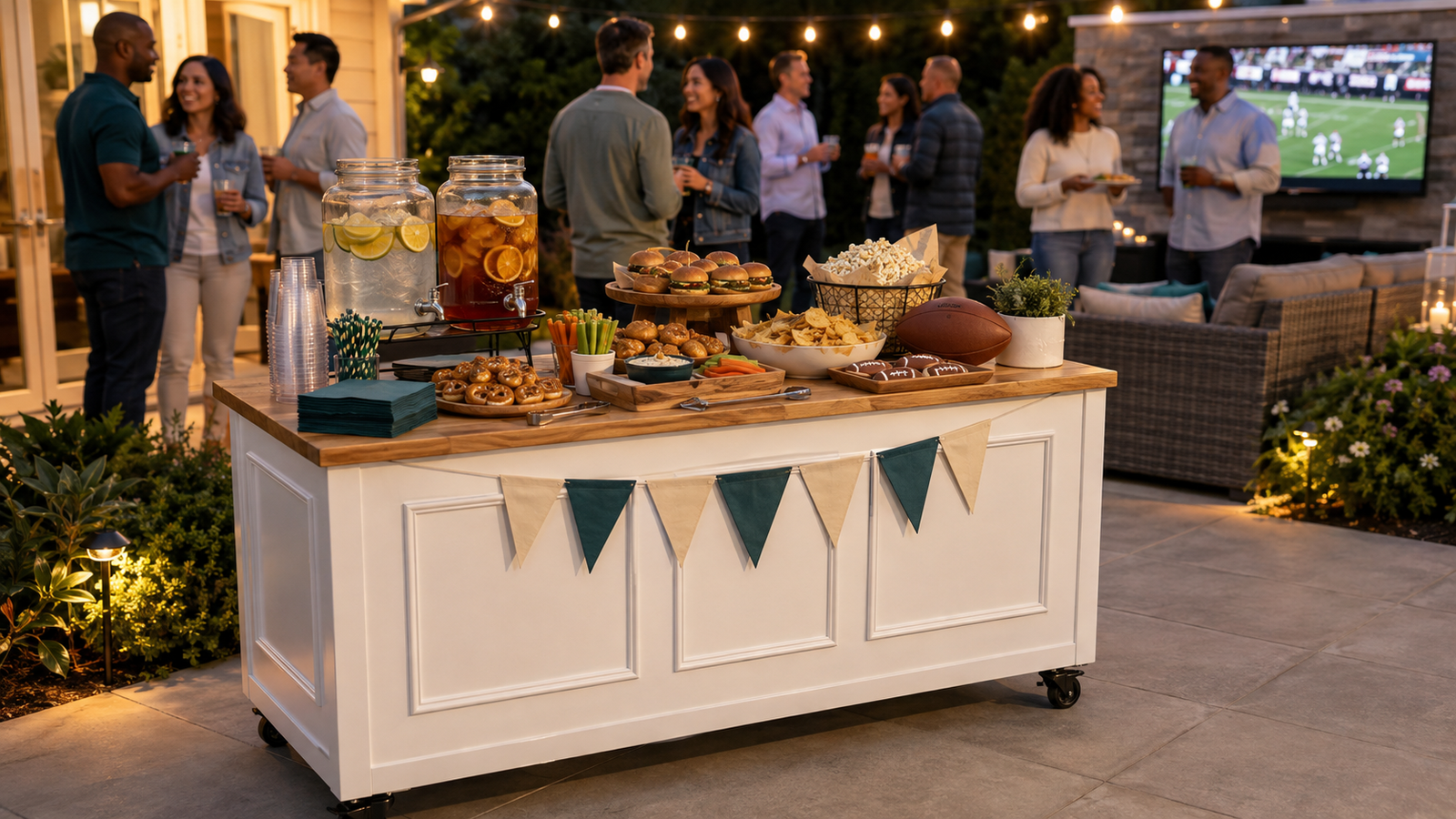 A game-day food and drink cart styled for an inviting backyard watch party.