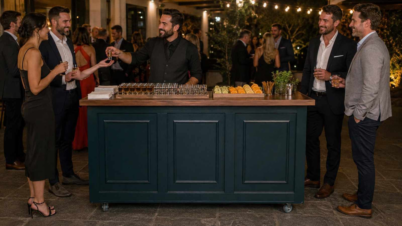 A compact dark-teal shot bar serving adult guests at a lively evening celebration.