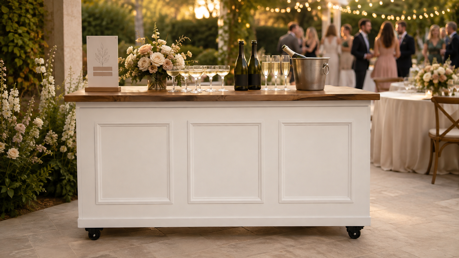 A white mobile cart serving sparkling drinks at a warm wedding reception.