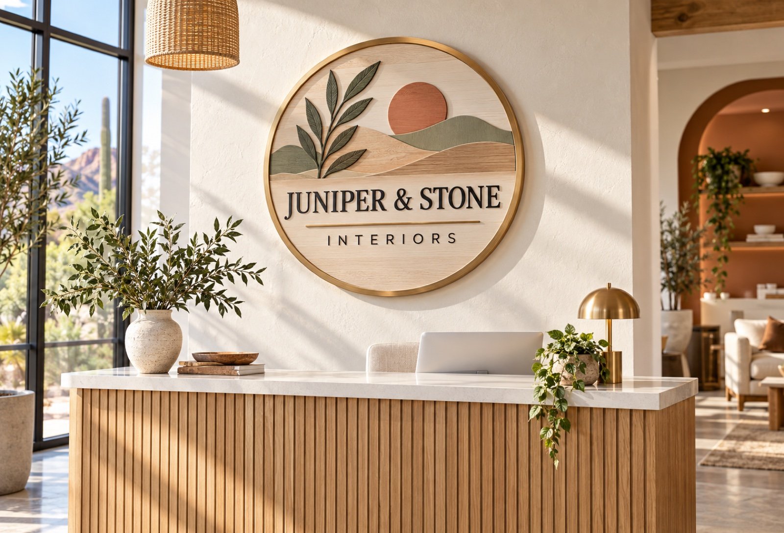 Fictional concept visualization of a round Juniper and Stone Interiors business sign