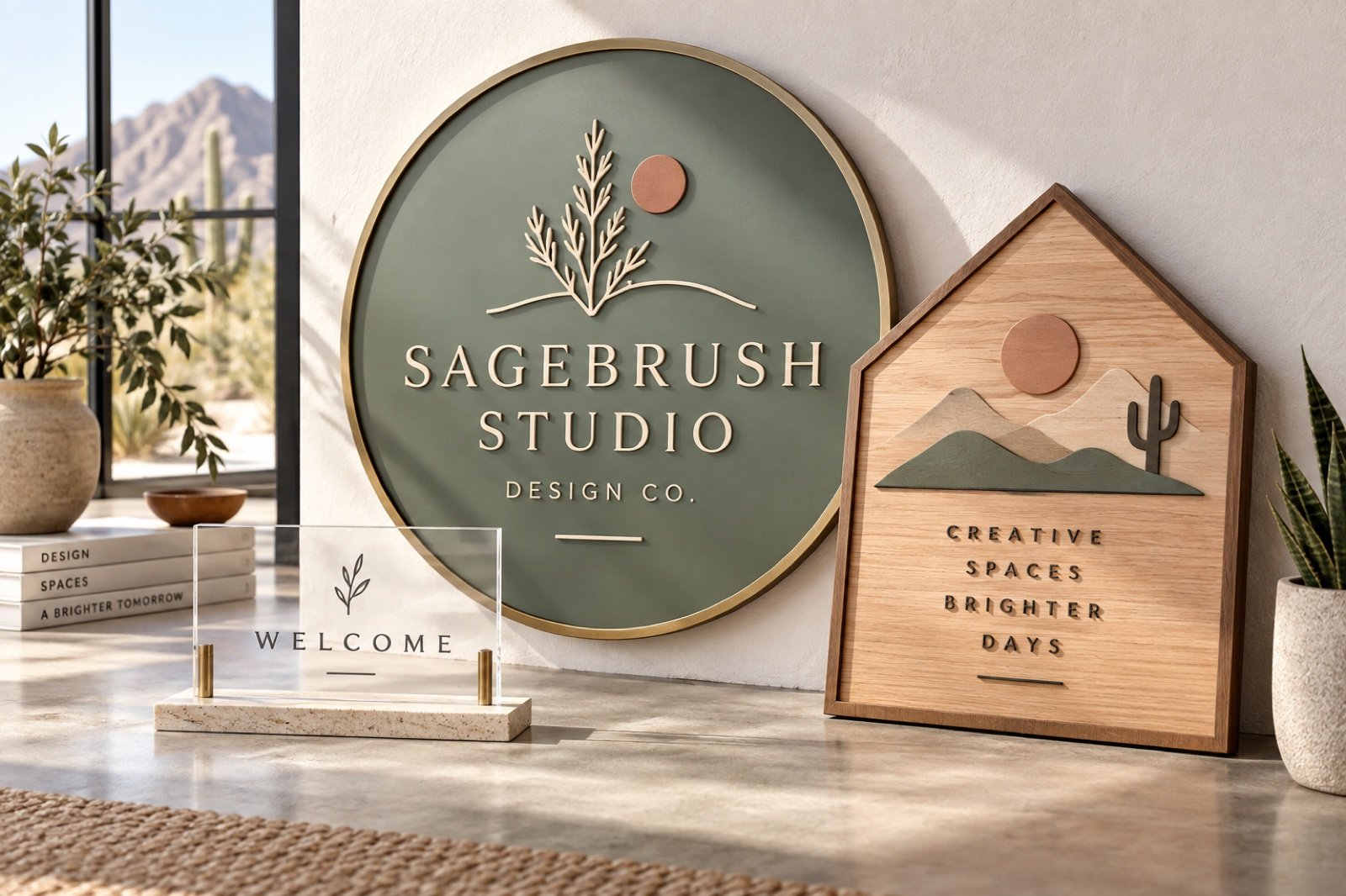 Concept visualization of coordinated Sagebrush Studio business, acrylic reception, and layered wood signs