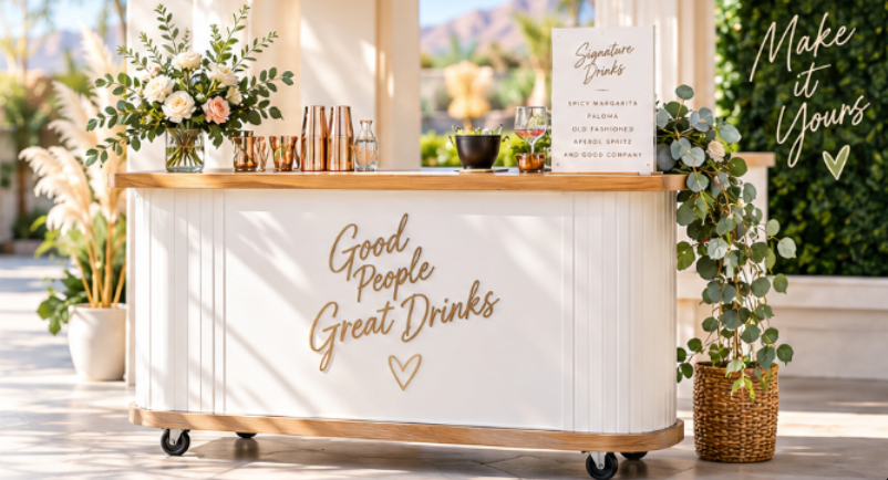 Concept visualization of a bright custom mobile bar with artistic Good People Great Drinks lettering