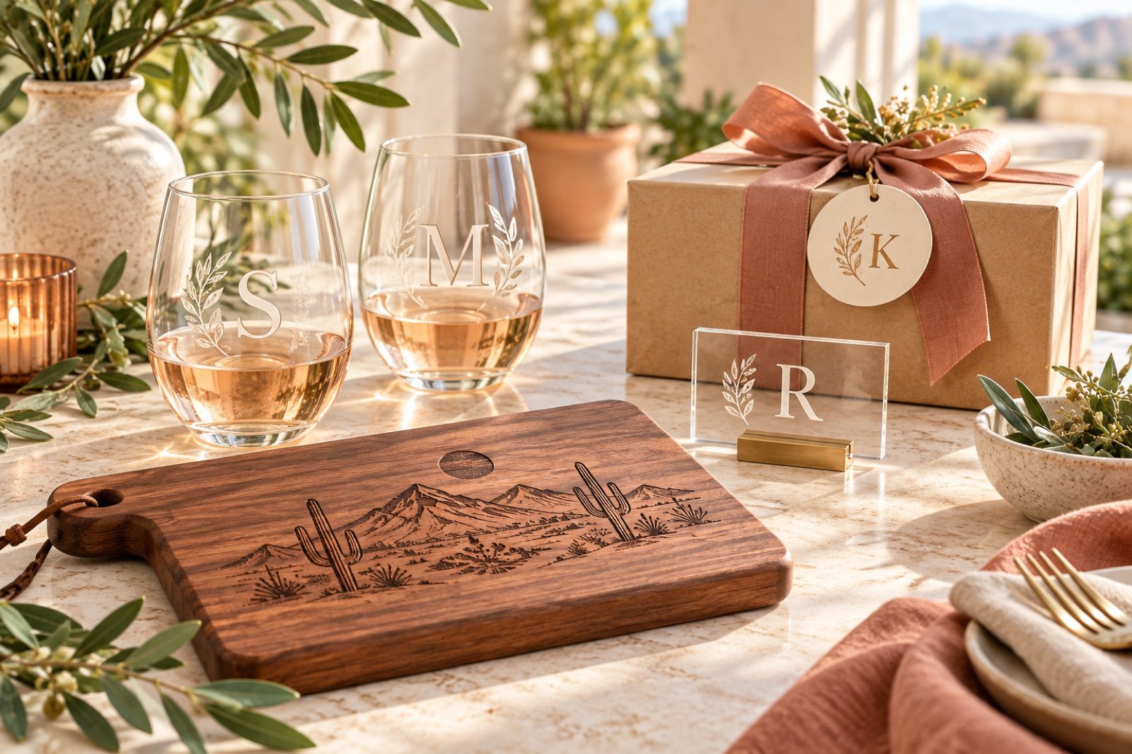 Concept visualization of engraved glassware, a walnut serving board, acrylic place card, and personalized gift box