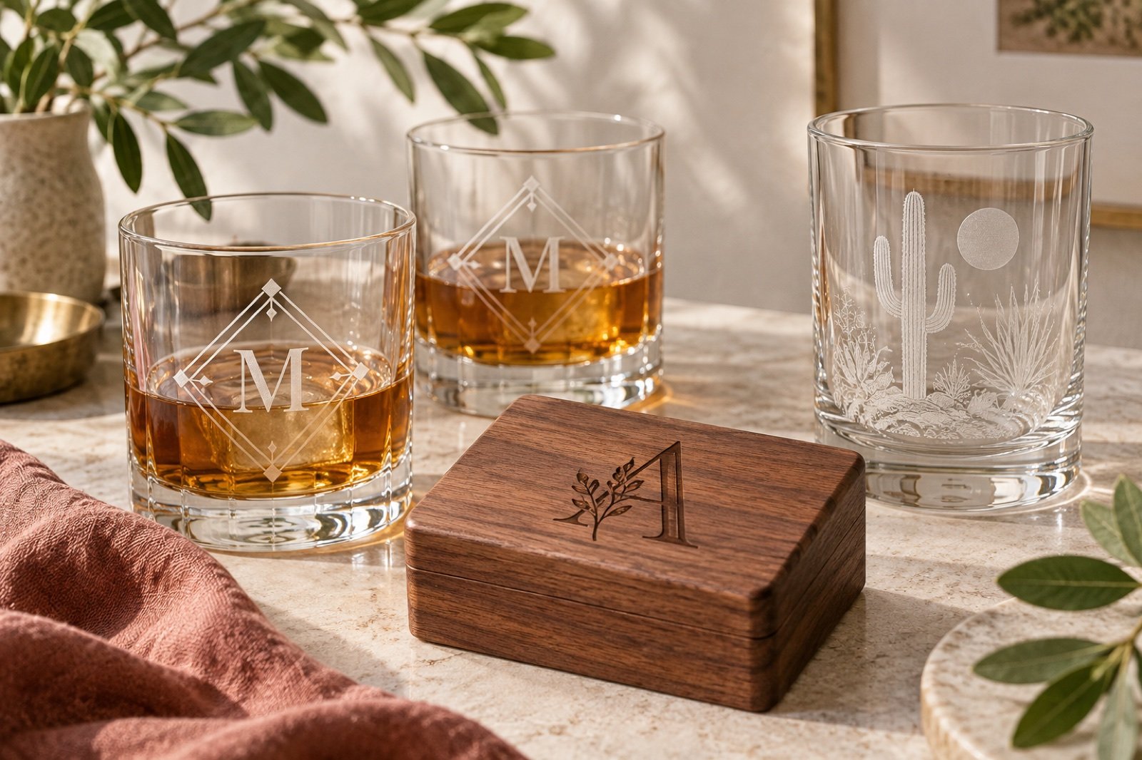 Concept visualization of frosted laser engraving on whiskey glasses and a burned monogram on a walnut keepsake box