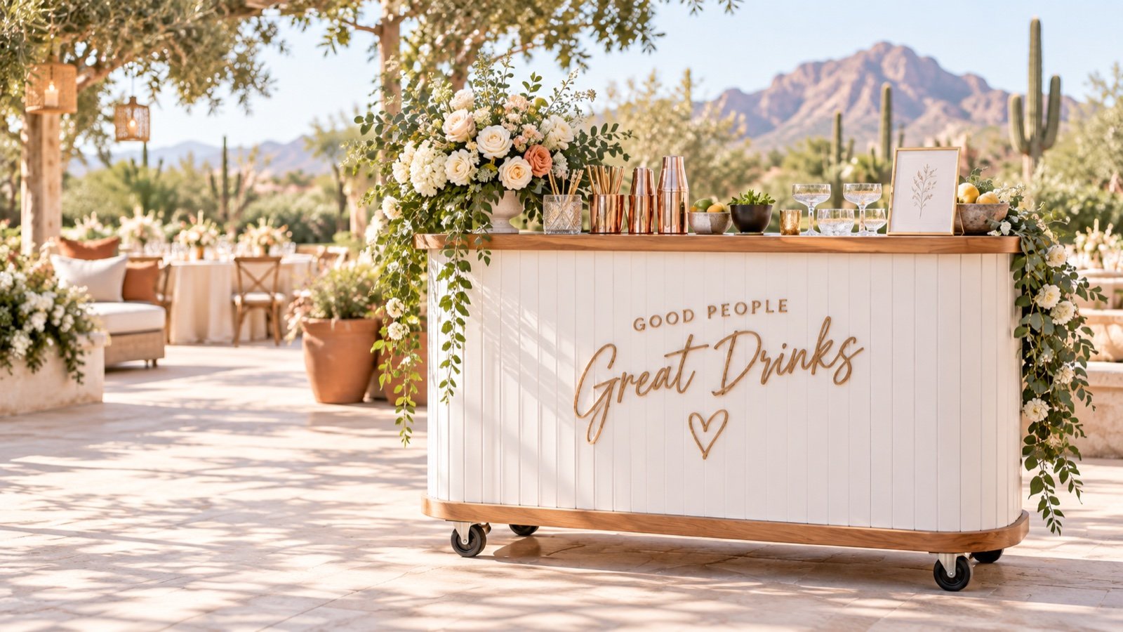 Concept visualization of a complete bright mobile bar with artistic Good People Great Drinks lettering