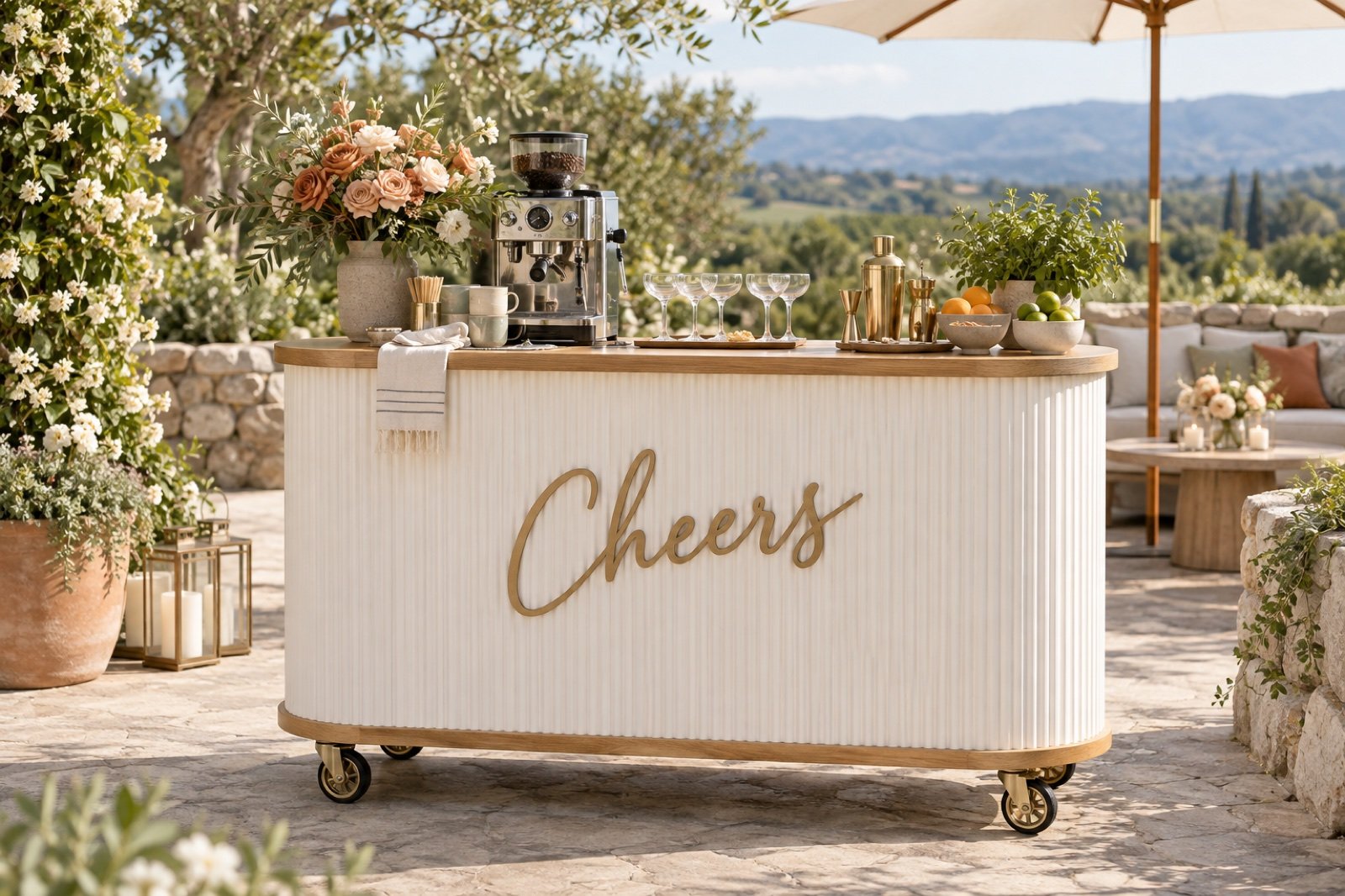 Concept visualization of a complete bright white and oak mobile coffee and cocktail bar with Cheers lettering